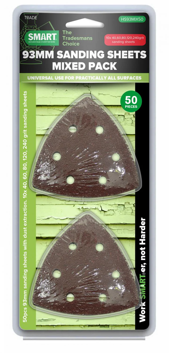 Smart 93mm Mixed Grit Triangular Sanding Sheets - 50pk - HS93MIX50