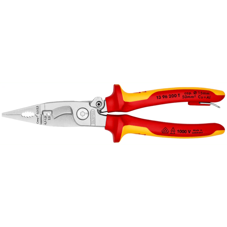 KNIPEX 13 96 200 T BK -  Pliers for Electrical Installation insulated with multi-component grips chrome-plated flat jaws 200 mm Ø 15 mm / 50 mm²