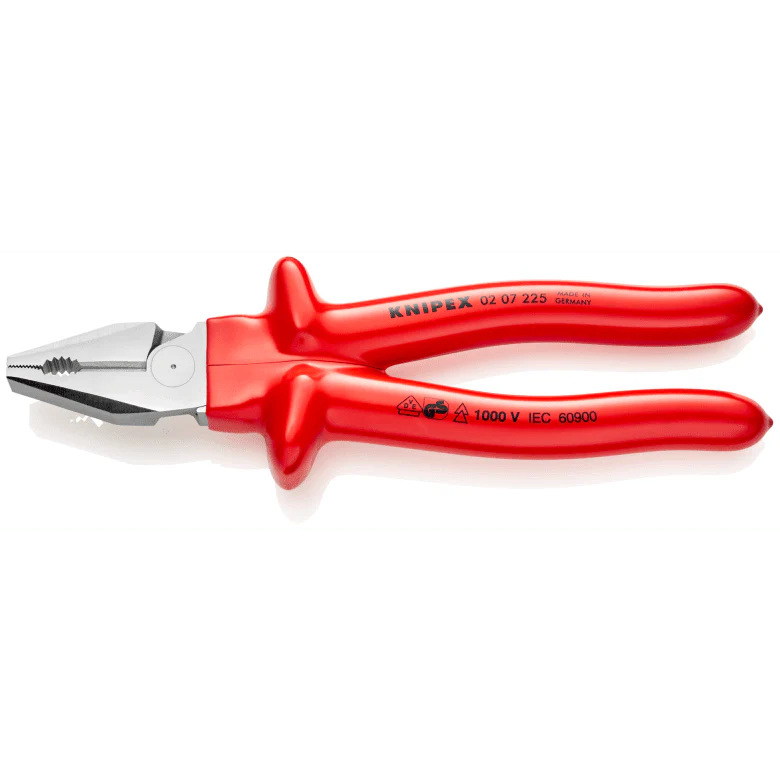 KNIPEX High Leverage Combination Pliers with dipped insulation, VDE-tested chrome-plated 225 mm cutting edges with bevel