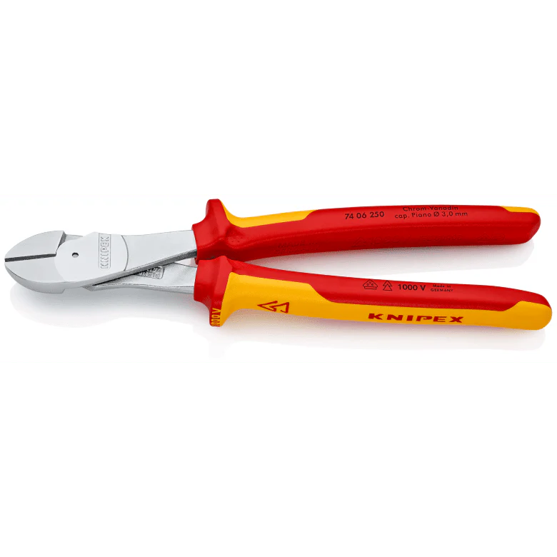 KNIPEX - 74 06 250 - High Leverage Diagonal Cutter insulated with multi-component grips, VDE-tested chrome-plated 250 mm cutting edges with bevel
